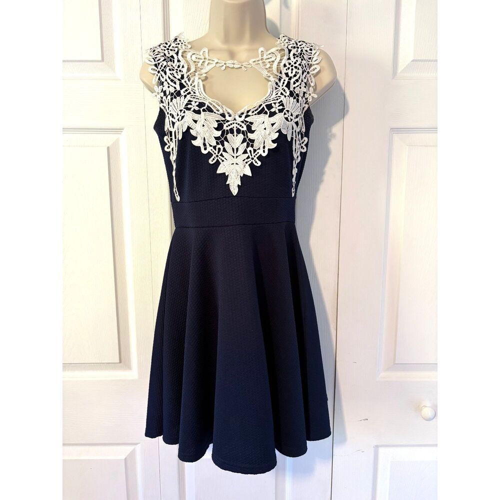 Quiz Navy Blue Lace Cutout Skater Dress US 6 UK 10 Coquette Party Mini Twee